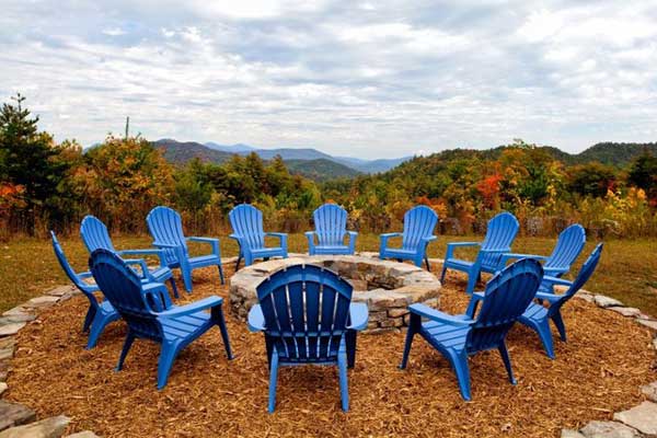 Fire pit with blue chairs